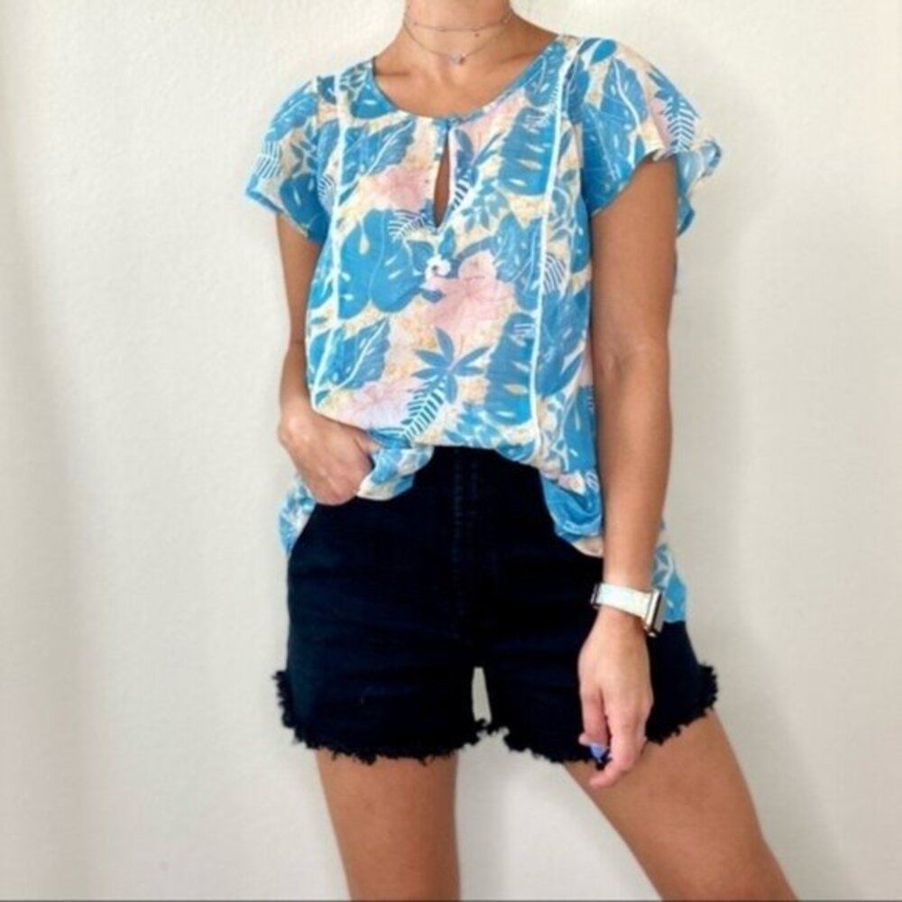 Modcloth Blue Floral Ruffle Blouse Size Small